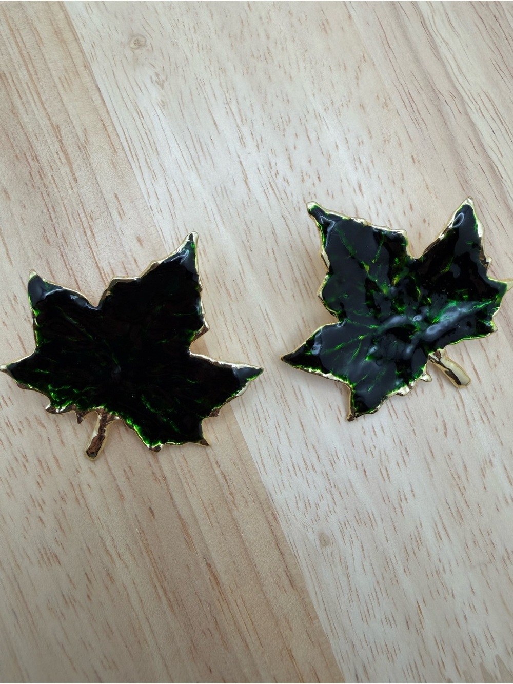 Leaf-Shaped Black and Green Enamel Earrings